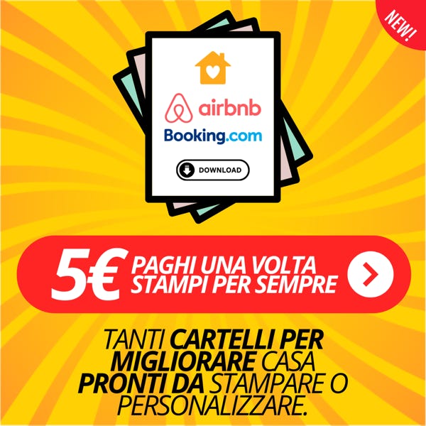 Cartelli PDF per Case Vacanze: Personalizza e Stampa in un Click!  Offri un’esperienza impeccabile ai tuoi ospiti con i nostri cartelli per case vacanze. Troverai una vasta selezione di PDF da scaricare: check-in e check-out, regole della casa, guide utili, QR code personalizzabili, password WiFi, guestbook e molto altro. Perfetti da stampare, personalizzare e appendere nella tua struttura.  ✅ Accesso a vita al servizio, con un pagamento unico di soli 5 euro. ✅ Aggiornamenti continui con nuovi contenuti inclusi.  Rendi la tua casa vacanze accogliente, organizzata e professionale in pochi minuti!