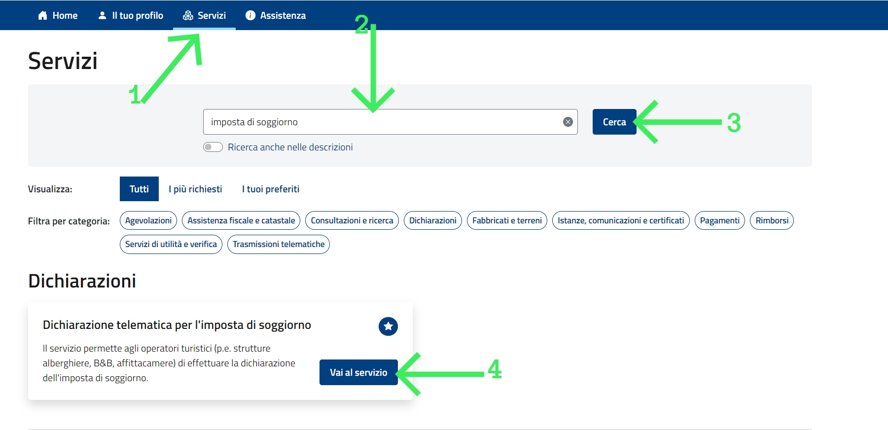 Step 2: Cerca il servizio “Imposta di soggiorno”